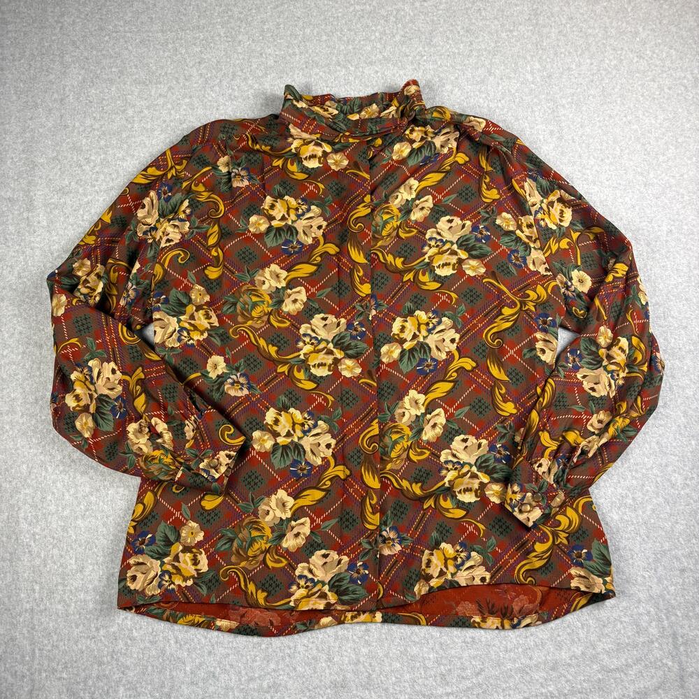 Vintage Pendleton Sophisticates Blouse 14 Floral Plaid High Neck Granny Chic 90s